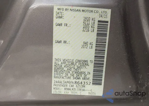 2015 Nissan Altima 2.5 Sl из США, поврежденный, VIN 1N4AL3AP6FN864352